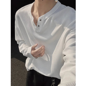Autumn White Long Sleeved T-shirt Men Fashion Black V-neck T-shirt Men Japanese Streetwear Hip-hop Loose Plaid T Shirt Mens Top